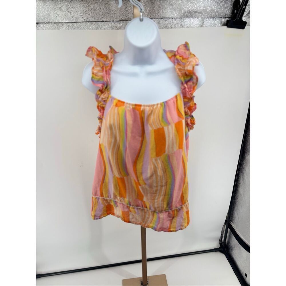 Fate Ruffle Shoulder Tank Top Women's Large Multicolor Stripe Cotton
